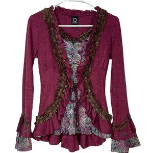 Ozz Oneste Womens Twofer Top Maroon Butterfly Bell Sleeve Lace Ruffle Tie XS-S